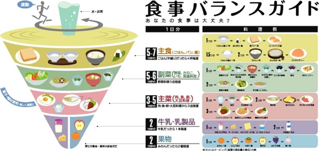 農林水産省の食事バランスガイドの図。主食、副菜、主菜、牛乳・乳製品、果物の5つのグループの適切な摂取量（1日あたり）を表した図表